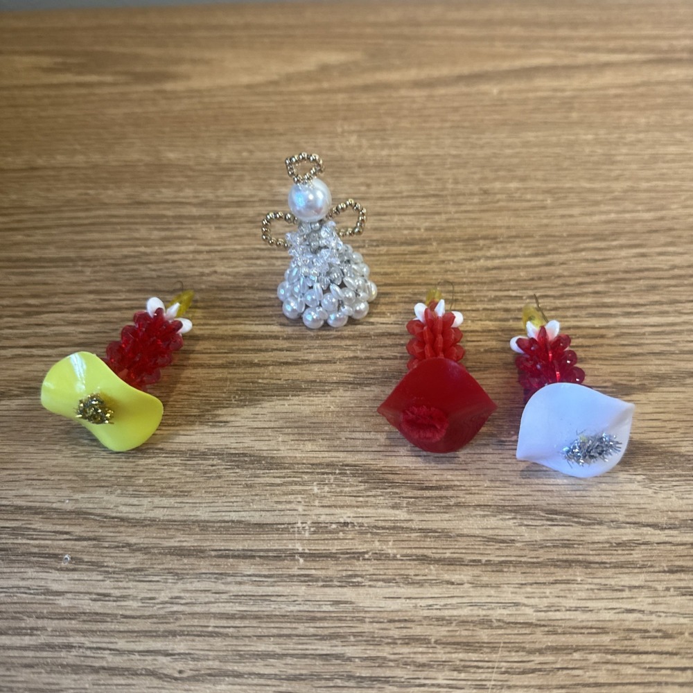Vintage Handmade Pearl/Clear Bead And‎ Safety Pin Angel-red Candle Ornaments